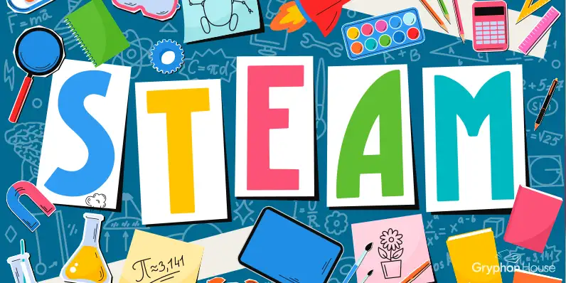 Illustration of the letters STEAM surrounded by technology, math, and science objects